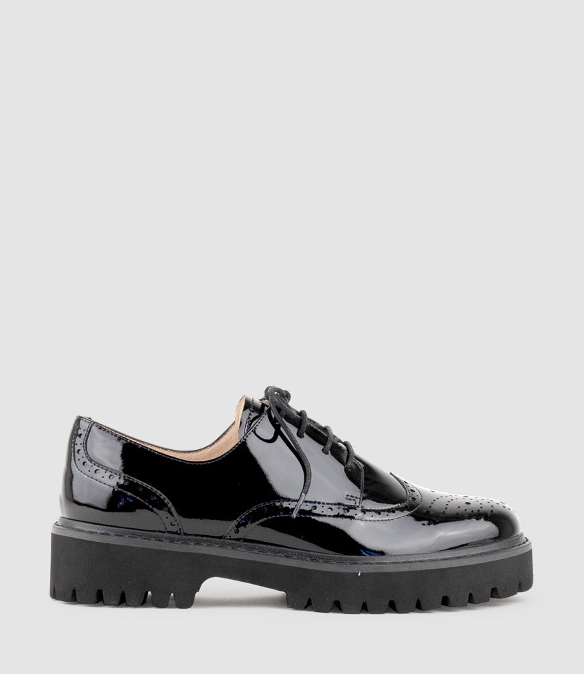 PAIGE Lace Up on Chunky Sole in Black Patent - Edward Meller