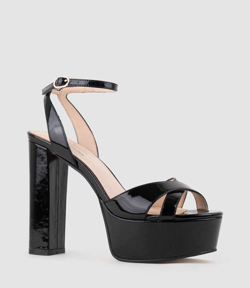 RACHEL125 Crossover Platform Sandal in Black Patent - Edward Meller