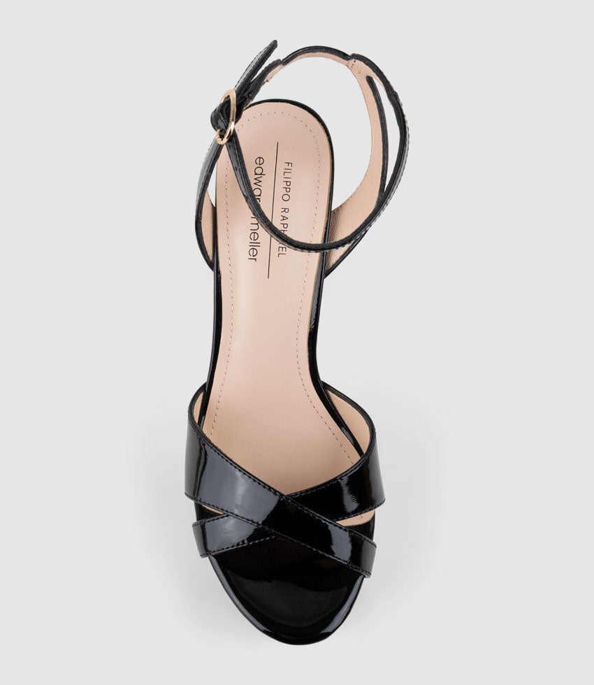 RACHEL125 Crossover Platform Sandal in Black Patent - Edward Meller