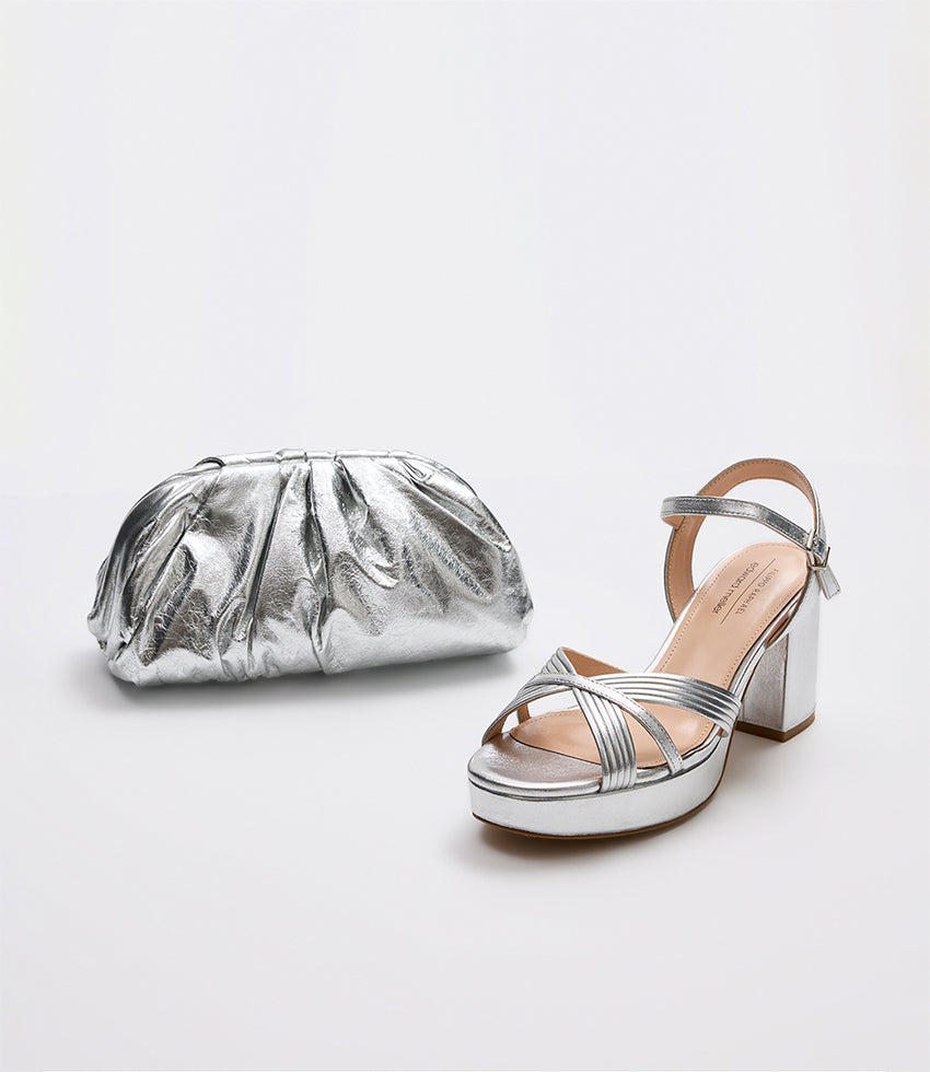 NEVA Ruched Frame Clutch and RAYNE80 in Silver | Edward Meller
