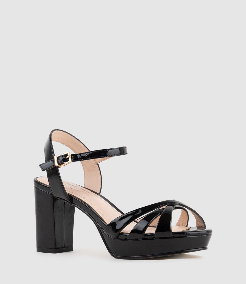 RYLIN80 Multistrap Platform Sandal in Black Patent - Edward Meller