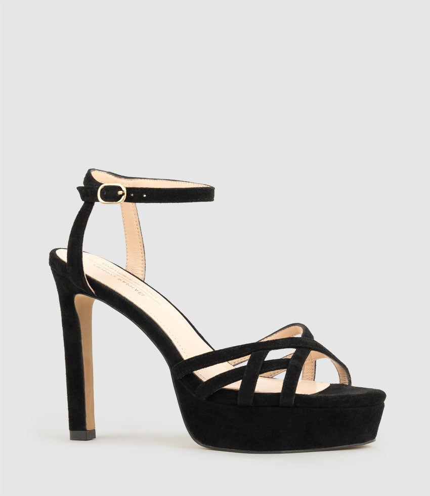 SAMI110 Lattice Front Platform Sandal in Black Suede - Edward Meller