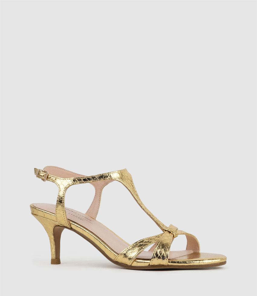 SANNA60 T-Bar Sandal in Gold Snake - Edward Meller