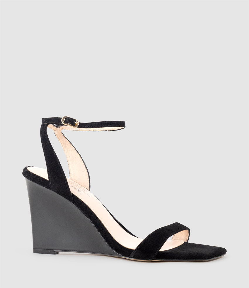 SHANIA90 Single Strap Sandal on Wedge in Black Suede - Edward Meller
