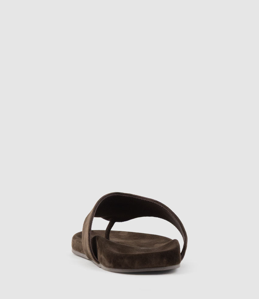 TAMSIN Thong on Footbed in Chocolate Suede - Edward Meller