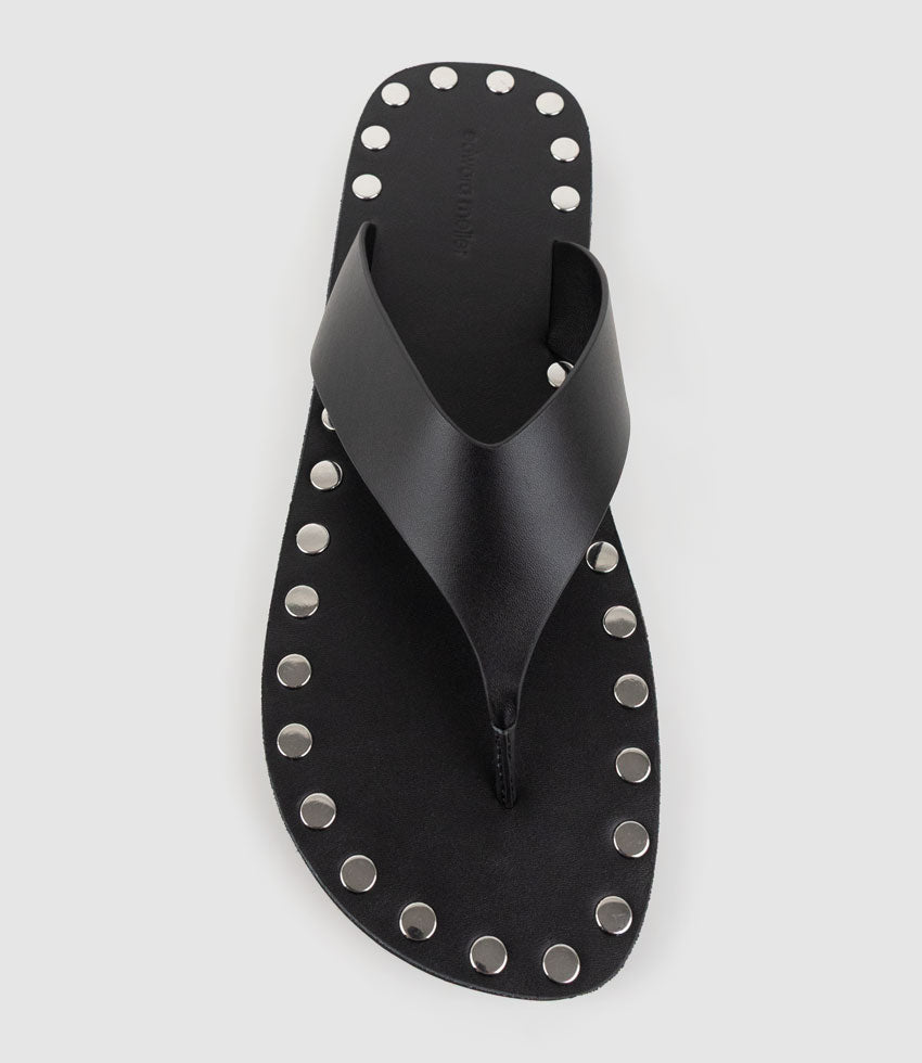 THEA Leather Thong on Studded Sole in Black - Edward Meller