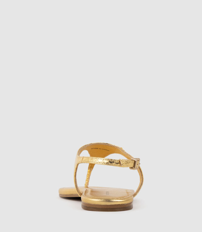 THELMA Flat Thong with Ankle Strap in Gold Snake - Edward Meller