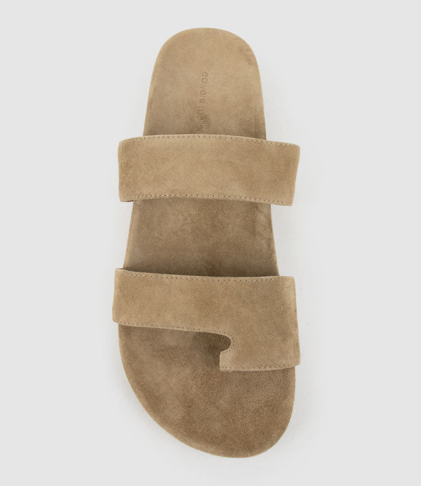 TIALA Two Strap Slide with Toe Thong in Camel Suede - Edward Meller