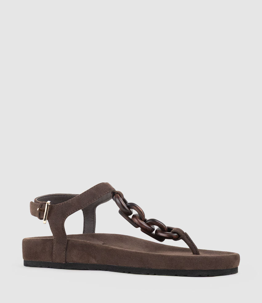 TULIA T-Bar Thong with Ornament in Chocolate Suede - Edward Meller