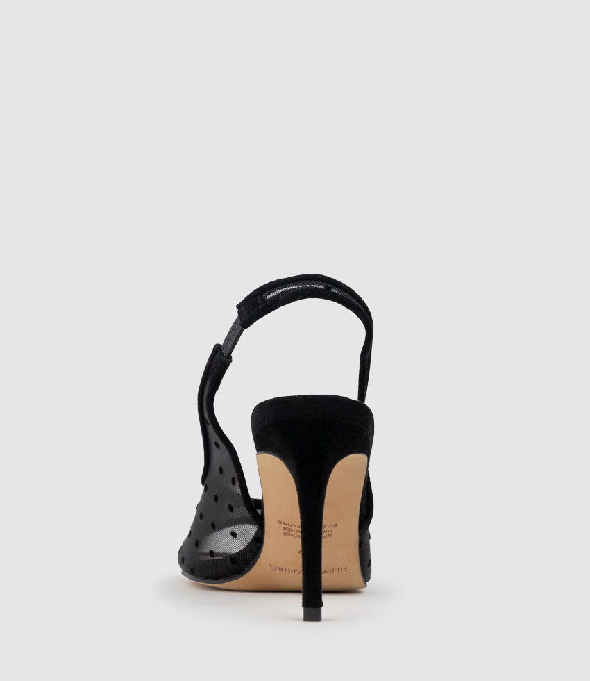 VALIYA85 Peep Toe Mesh Slingback in Black Suede - Edward Meller