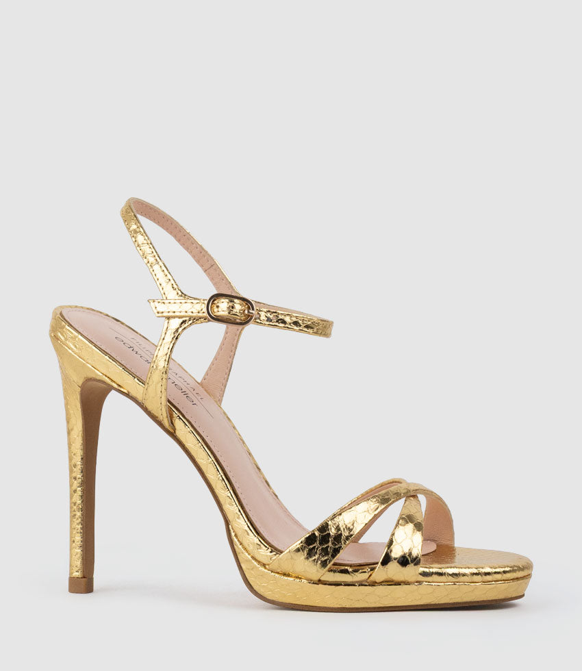 WALTZ110 Crossover Platform Sandal in Gold Snake - Edward Meller
