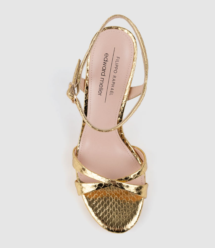 WALTZ110 Crossover Platform Sandal in Gold Snake - Edward Meller