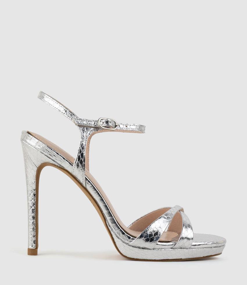 WALTZ110 Crossover Platform Sandal in Silver Snake - Edward Meller
