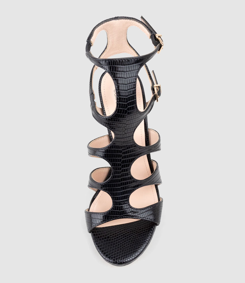 WARRIOR110 Gladiator Platform Sandal in Black Tejus Lizard Print - Edward Meller