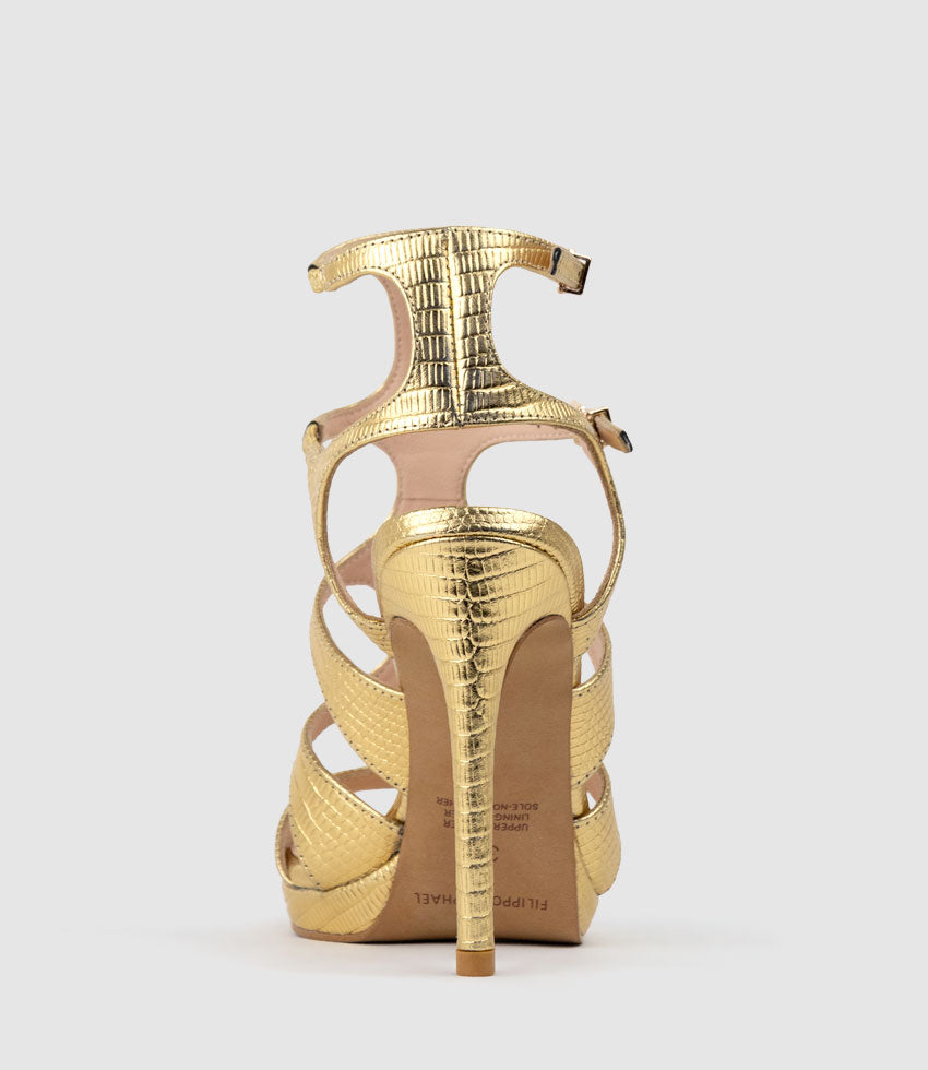 WARRIOR110 Gladiator Platform Sandal in Gold Tejus Lizard Print - Edward Meller
