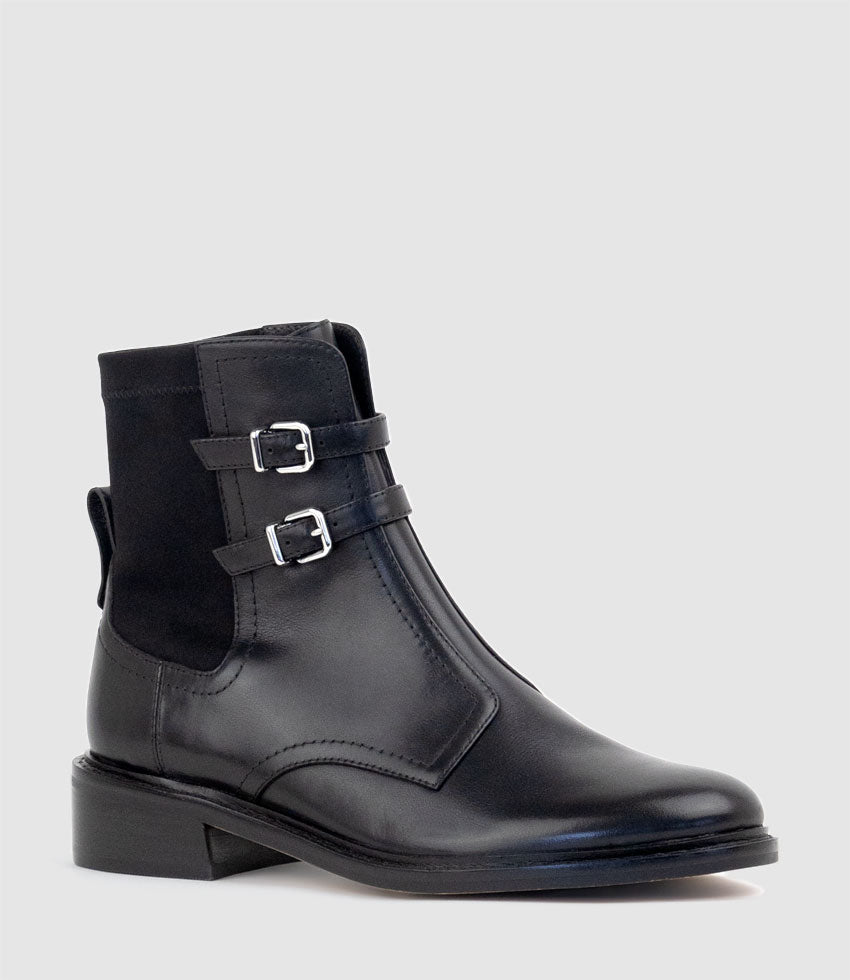 WILLIS30 Two Buckle Ankle Boot in Black Waxy Calf - Edward Meller