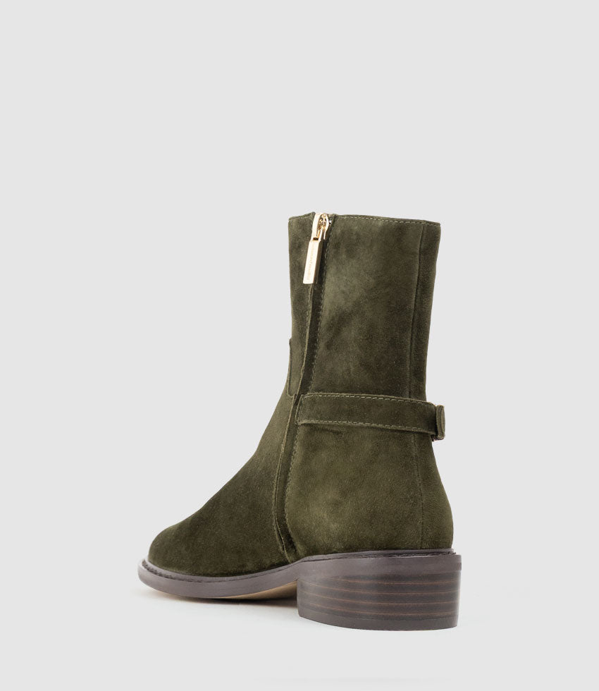 WOAD30 Block Heel Ankle Boot in Olive Suede - Edward Meller