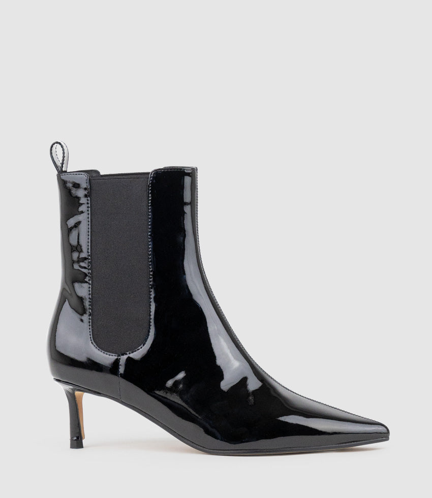 ZIRIA55 Pointed Boot with Gusset in Black Patent - Edward Meller