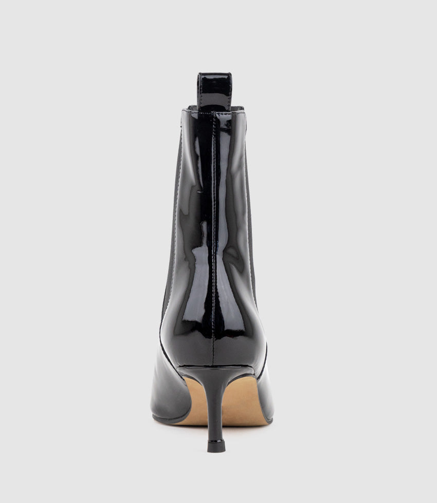 ZIRIA55 Pointed Boot with Gusset in Black Patent - Edward Meller