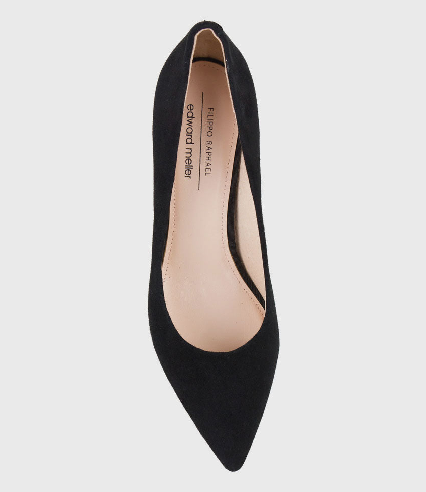 ADRIA 75mm Pointed Toe Pump in Black Suede - Edward Meller