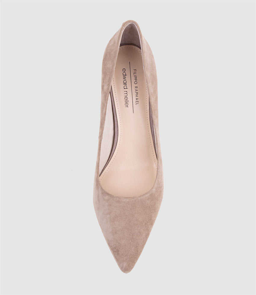ADRIA 75mm Pointed Toe Pump in Nude Suede - Edward Meller