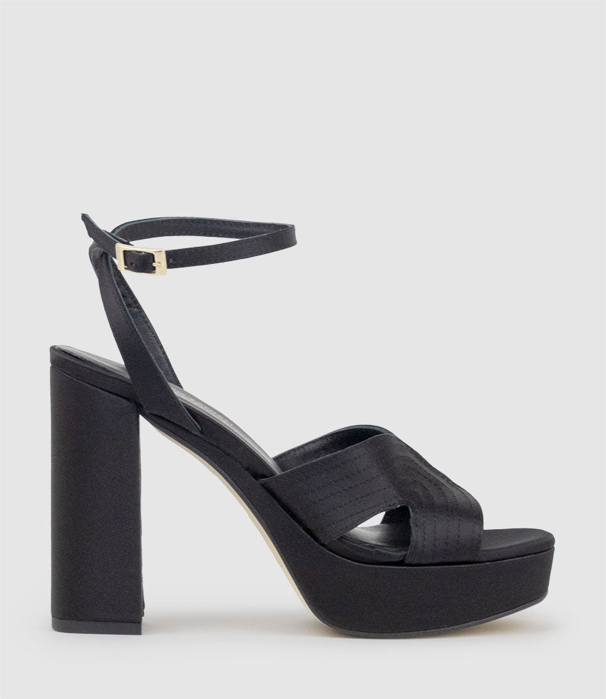 ROSALIA100 Stitched Detail Platform Sandal in Black Satin - Edward Meller