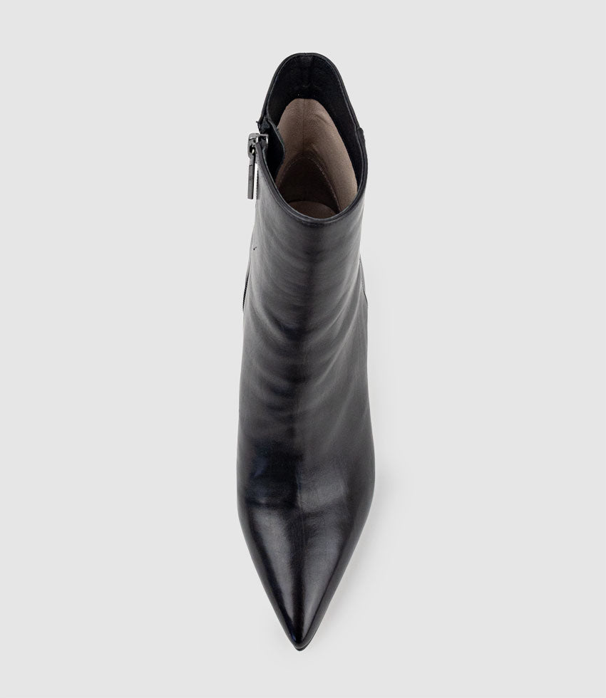 ZELIA100 Stiletto Ankle Boot in Black Baby Calf - Edward Meller