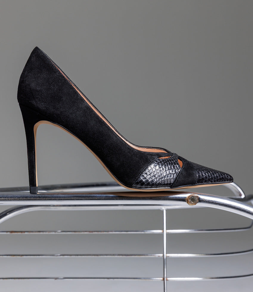 ABIGAIL100 Combination Stiletto Pump in Black Suede - Edward Meller