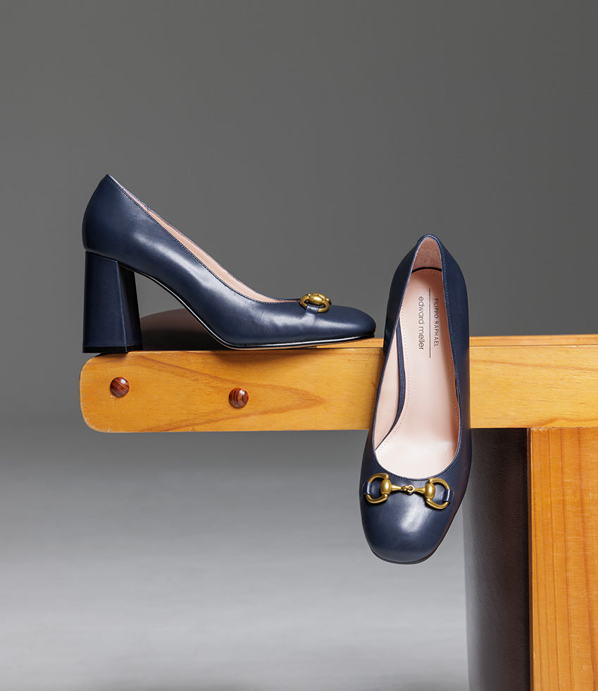 BAILEY85 Block Heel Pump with Trim in Navy Calf - Edward Meller