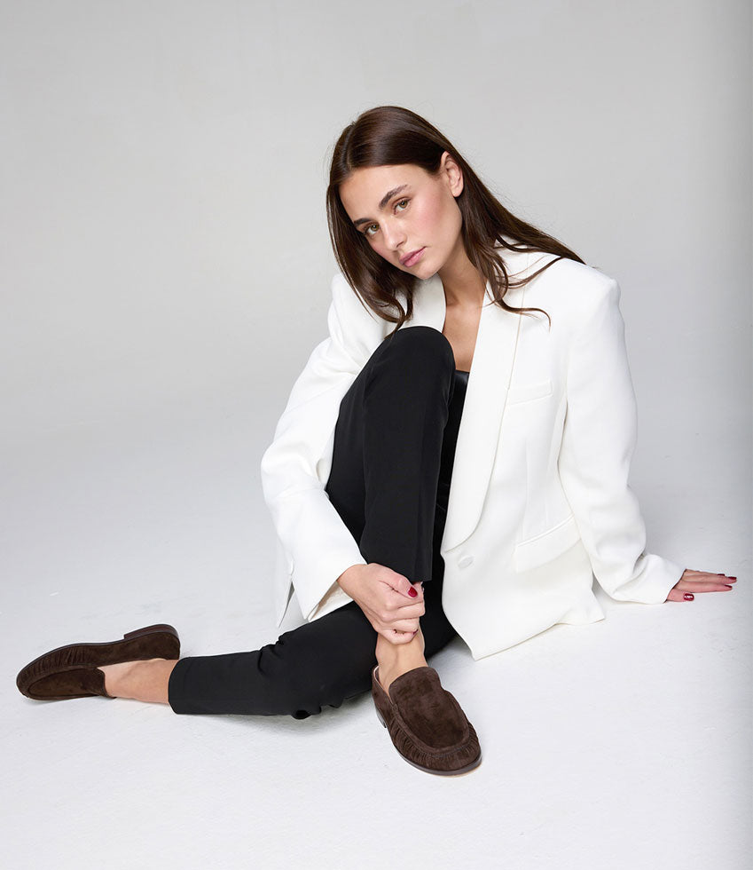 HAVEN Ruched Loafer in Chocolate Suede - Edward Meller