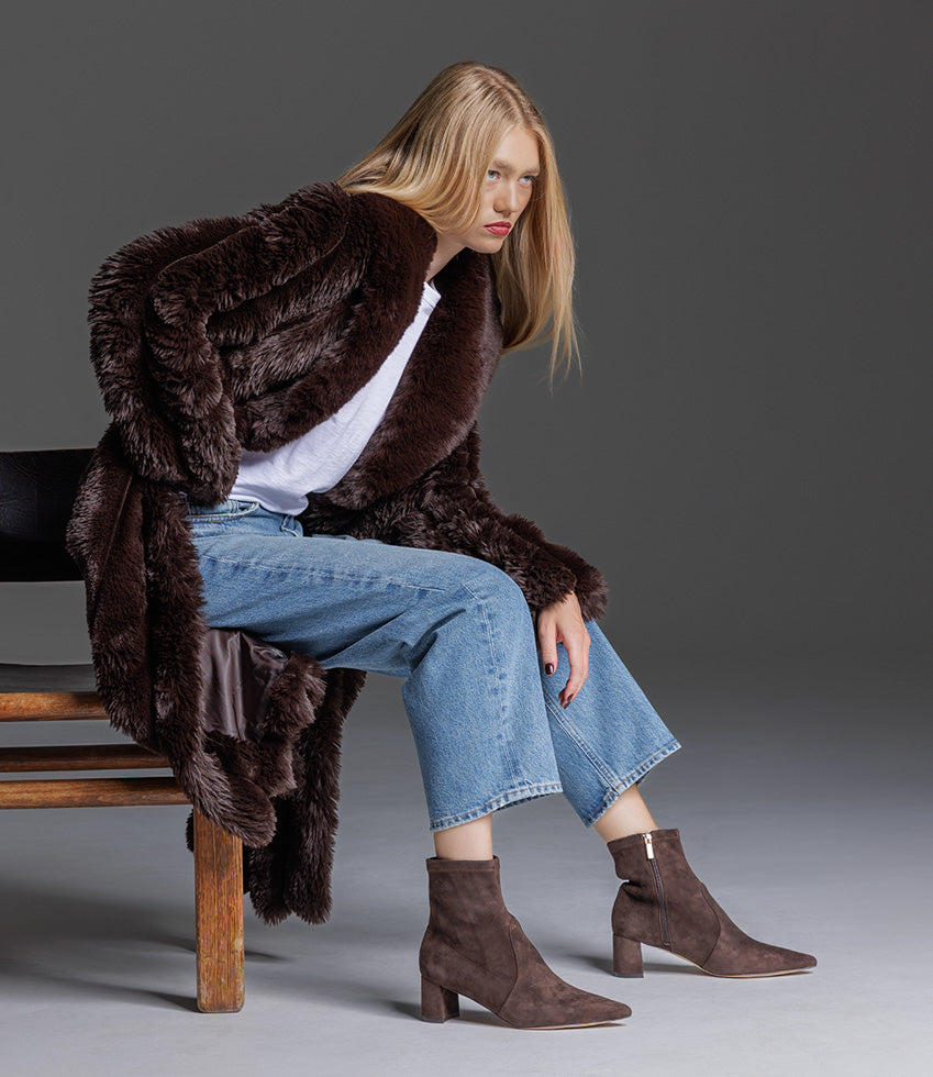 ZADINE55 Block Heel Sock Boot in Chocolate Suede - Edward Meller