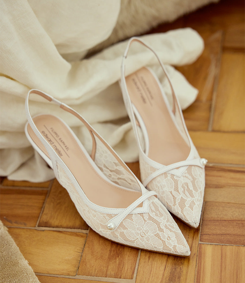 DAMINA70 Lace Slingback with Pearl in White - Edward Meller