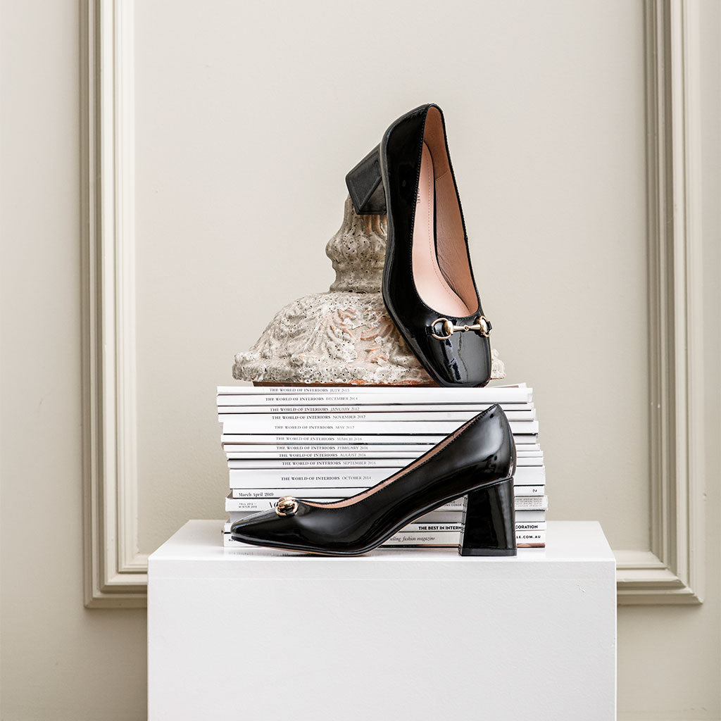 BLYTHE65 Square Toe Pump with Hardware in Black Patent