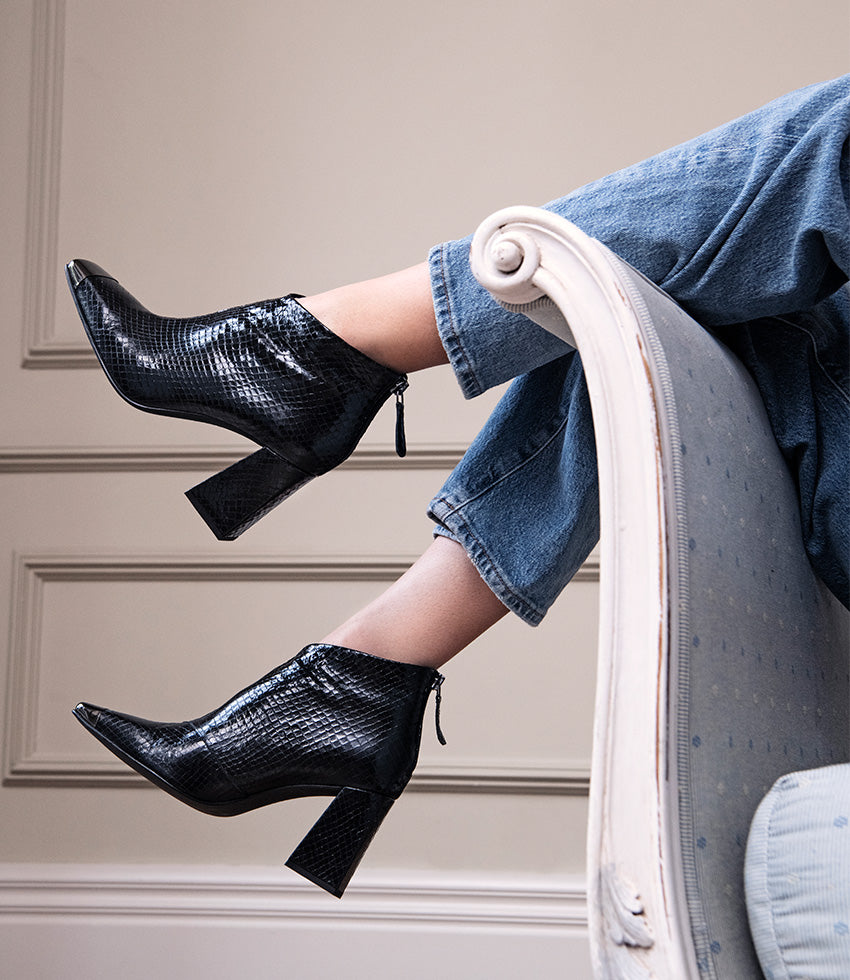 ZELDA85 Cap Toe Ankle Boot in Black Reptile - Edward Meller