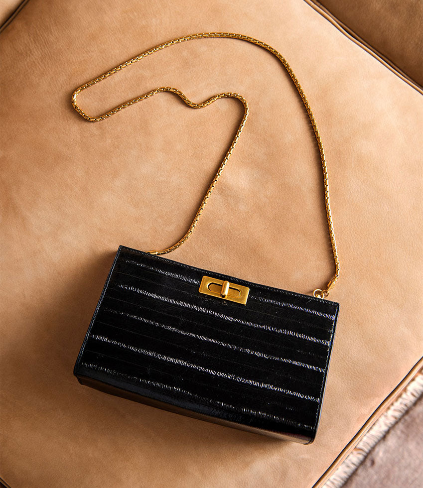 NAYLA Bag with Twist Hardware in Black Eel Print - Edward Meller