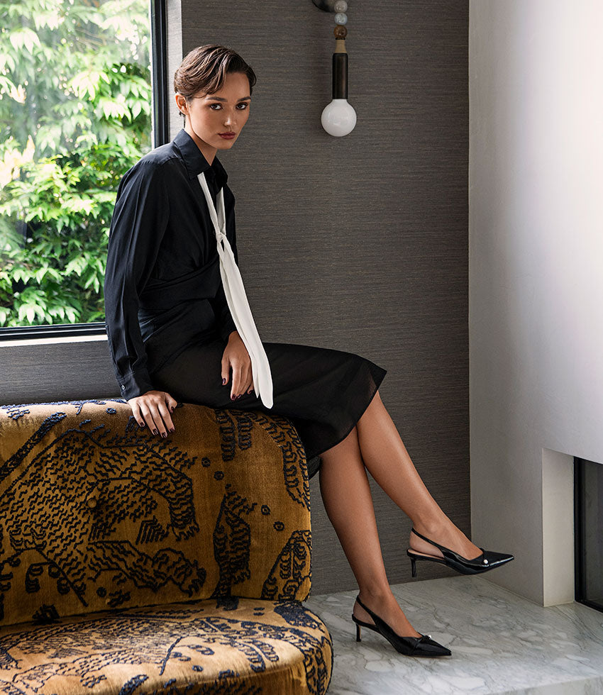 DIVINE55 Slingback Pump with Pearl in Black Patent - Edward Meller