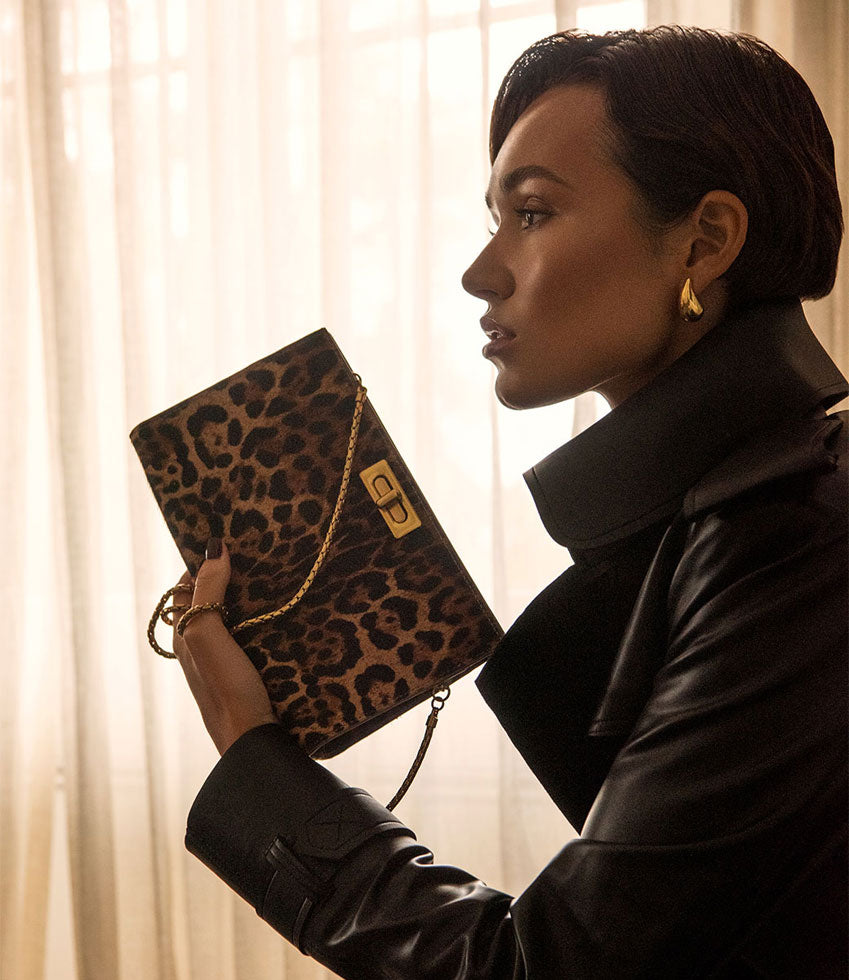 NAYLA Bag with Twist Hardware in Leopard Calf Hair - Edward Meller