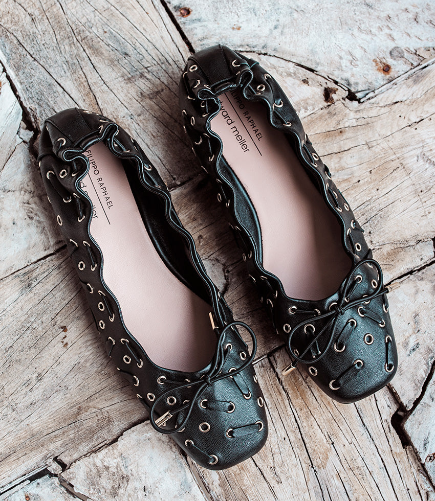 ERATA Square Toe Ballet with Eyelets in Black - Edward Meller