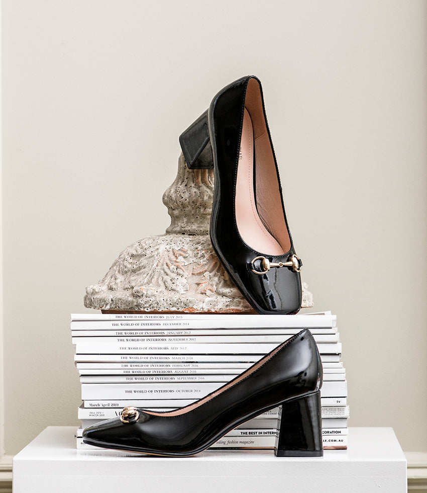 BLYTHE65 Square Toe Pump with Hardware in Black Patent