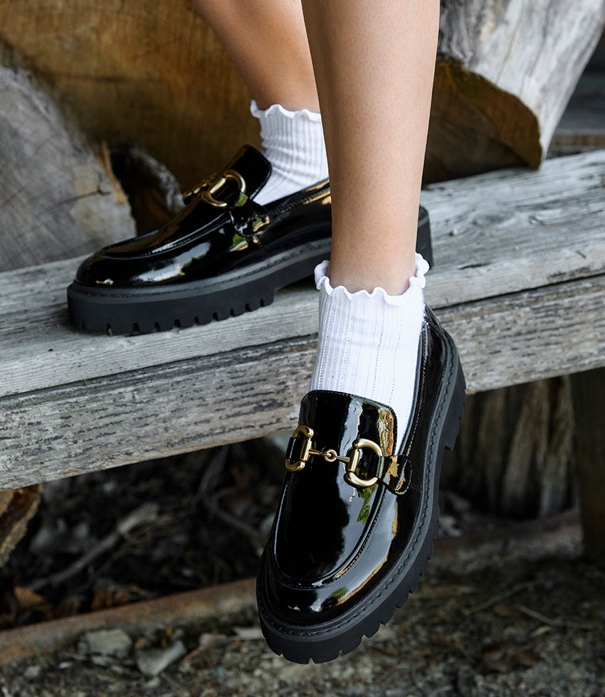 GIDEON Moccasin on Chunky Sole in Black Patent - Edward Meller