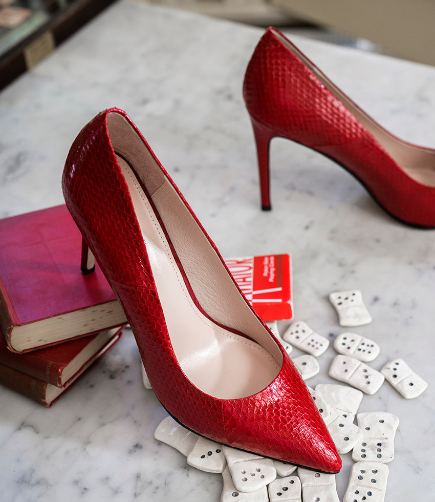 GAGA 100mm Pointed Toe Pump in Ruby Snake - Edward Meller