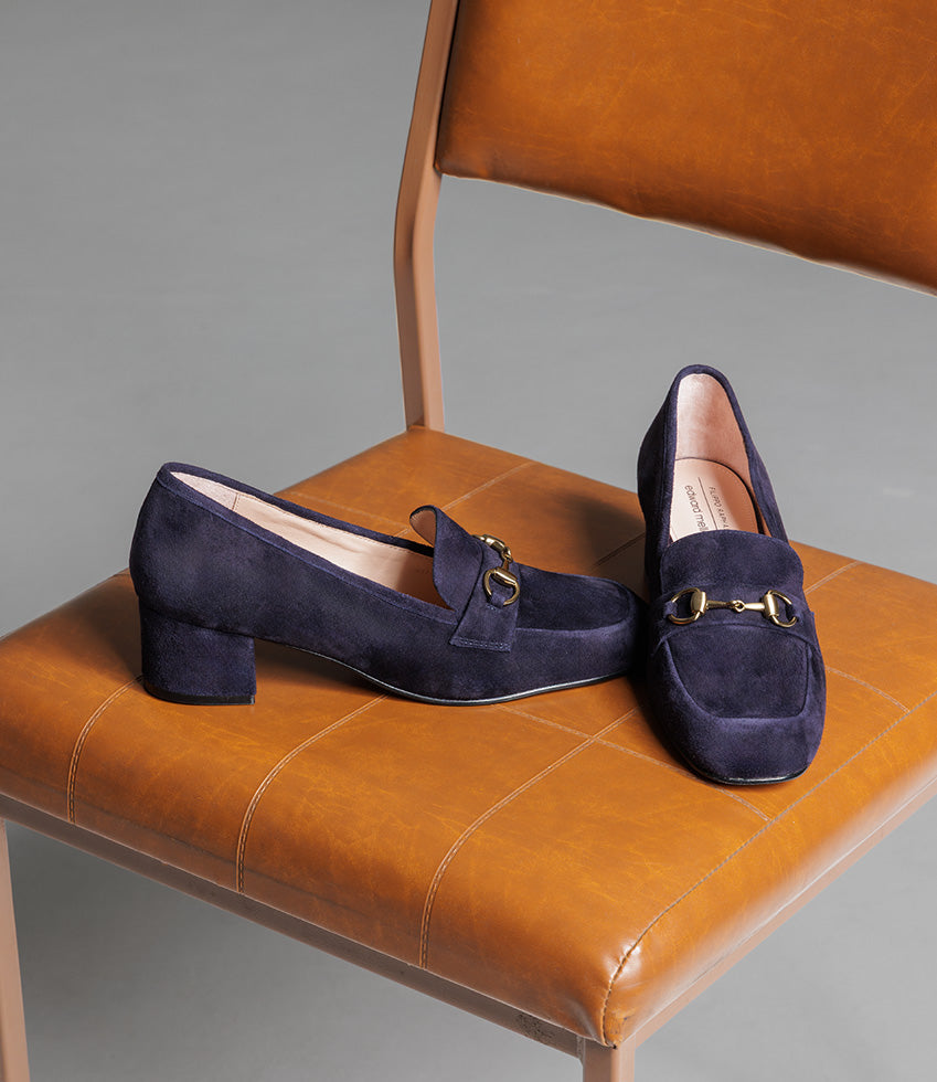 HANNAH45 Heeled Loafer in Navy Suede - Edward Meller