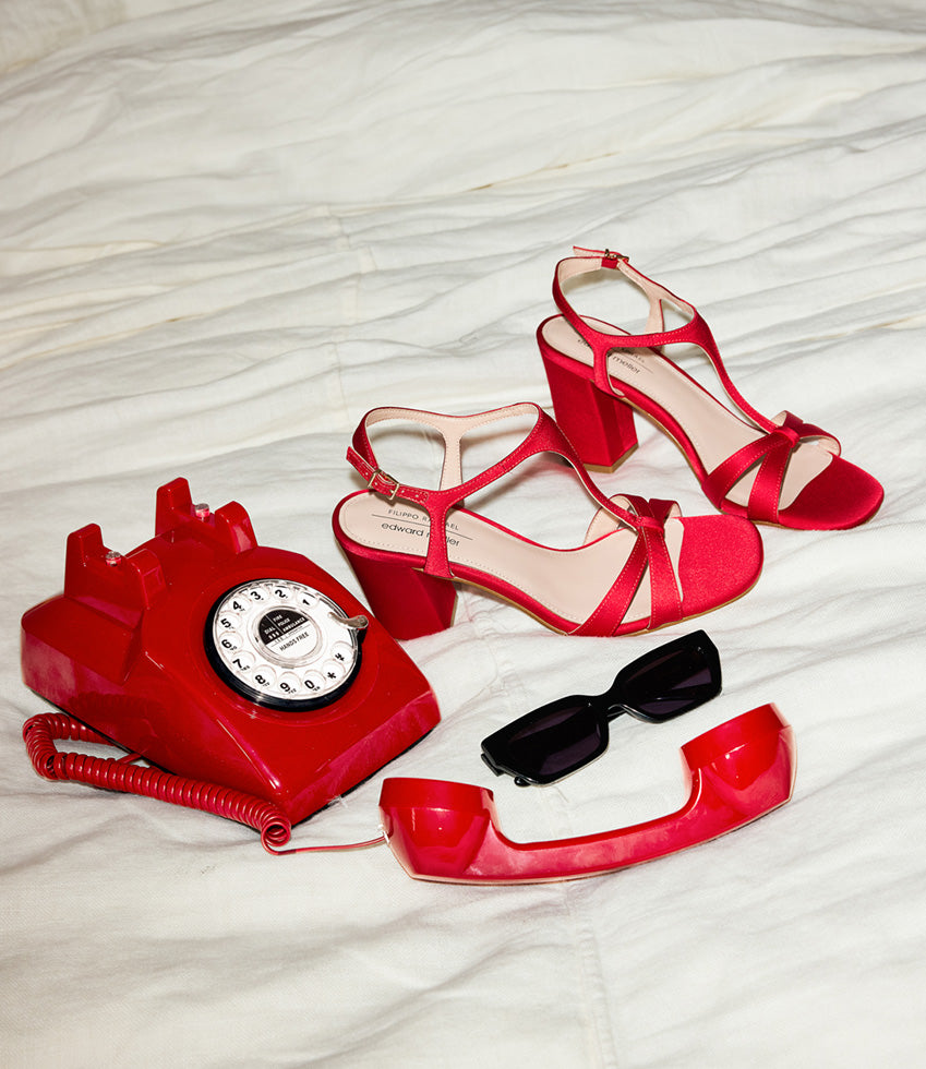 KHLOE85 Block Heel T-Bar Sandal in Red Satin - Edward Meller