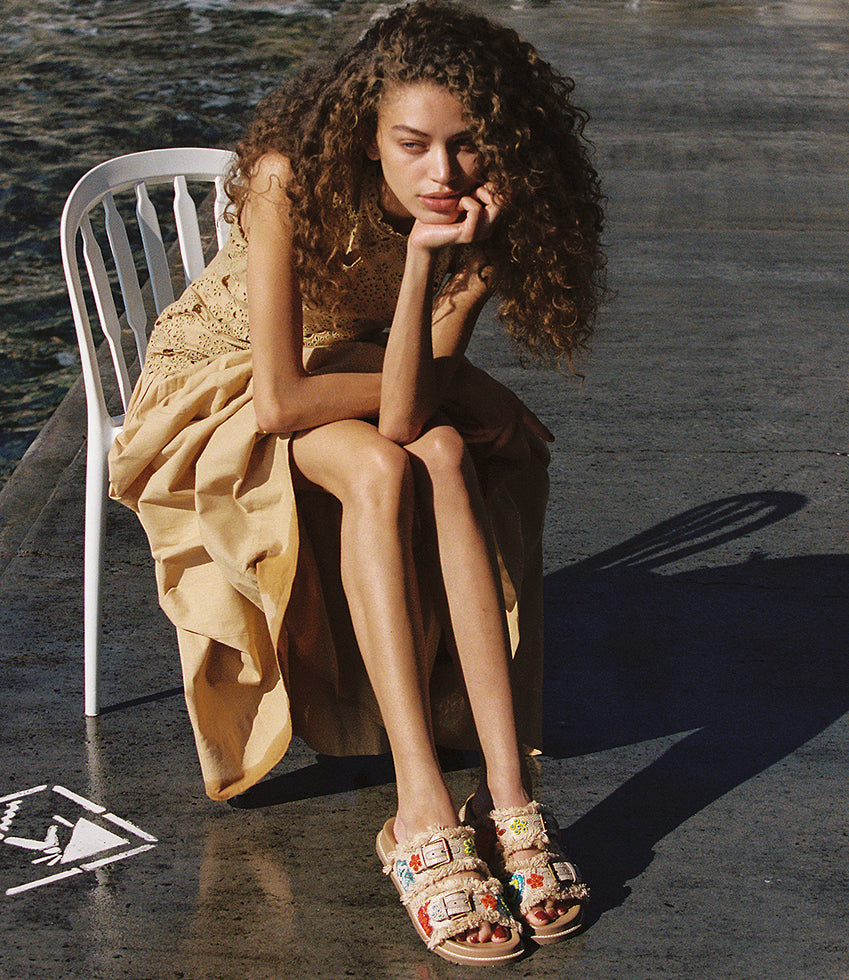 KIMORA Embroidered Slide in Raffia - Edward Meller