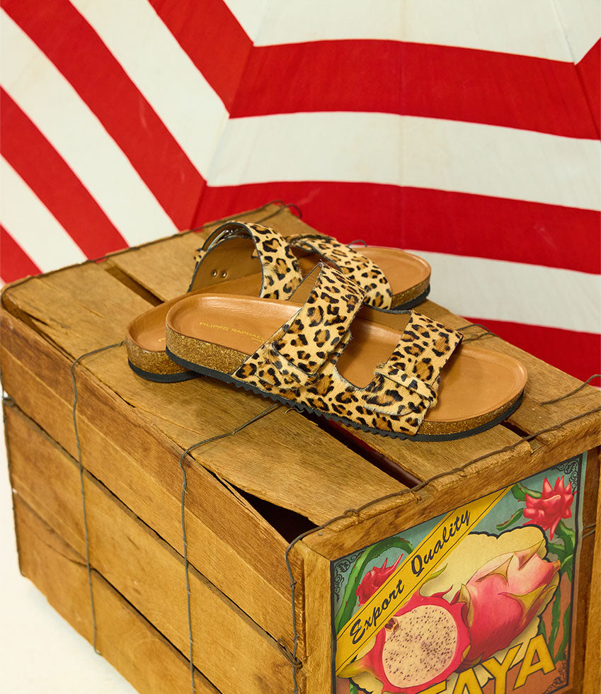 KLEIN Two Strap Slide in Leopard Pony Hair