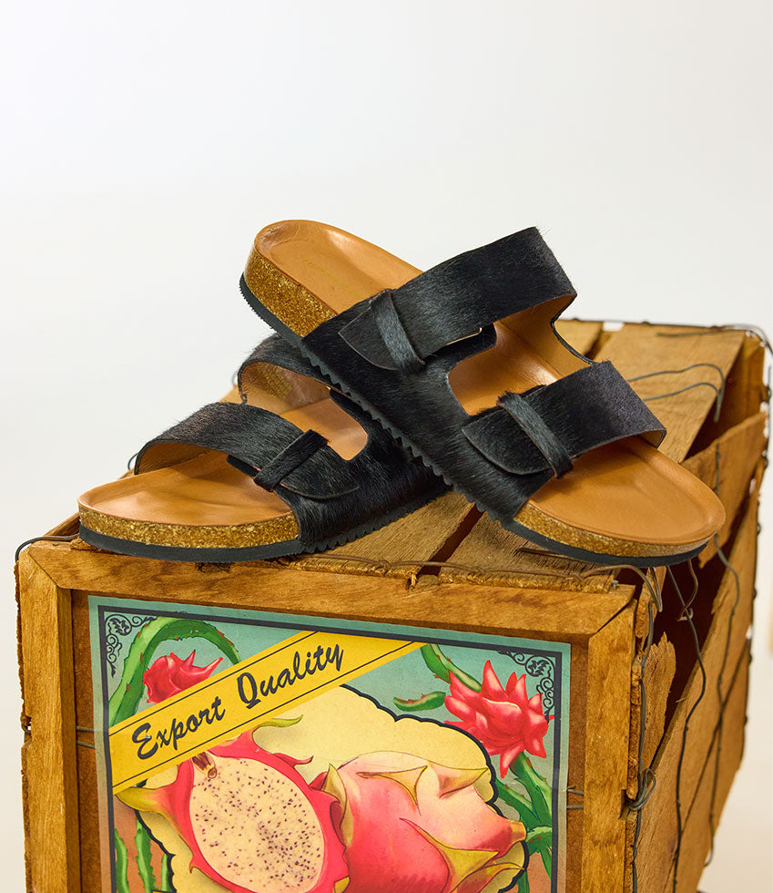 KLEIN Two Strap Slide in Black Pony Hair - Edward Meller