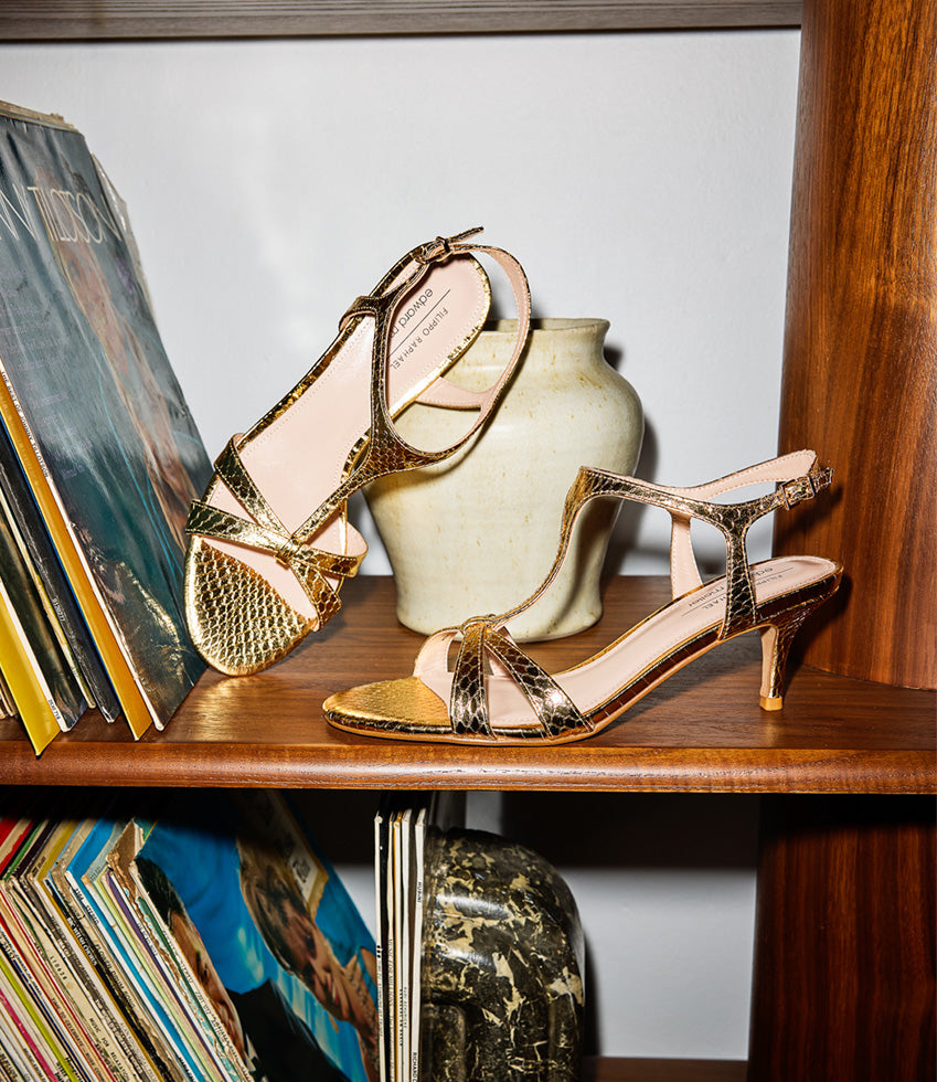 SANNA60 T-Bar Sandal in Gold Snake - Edward Meller