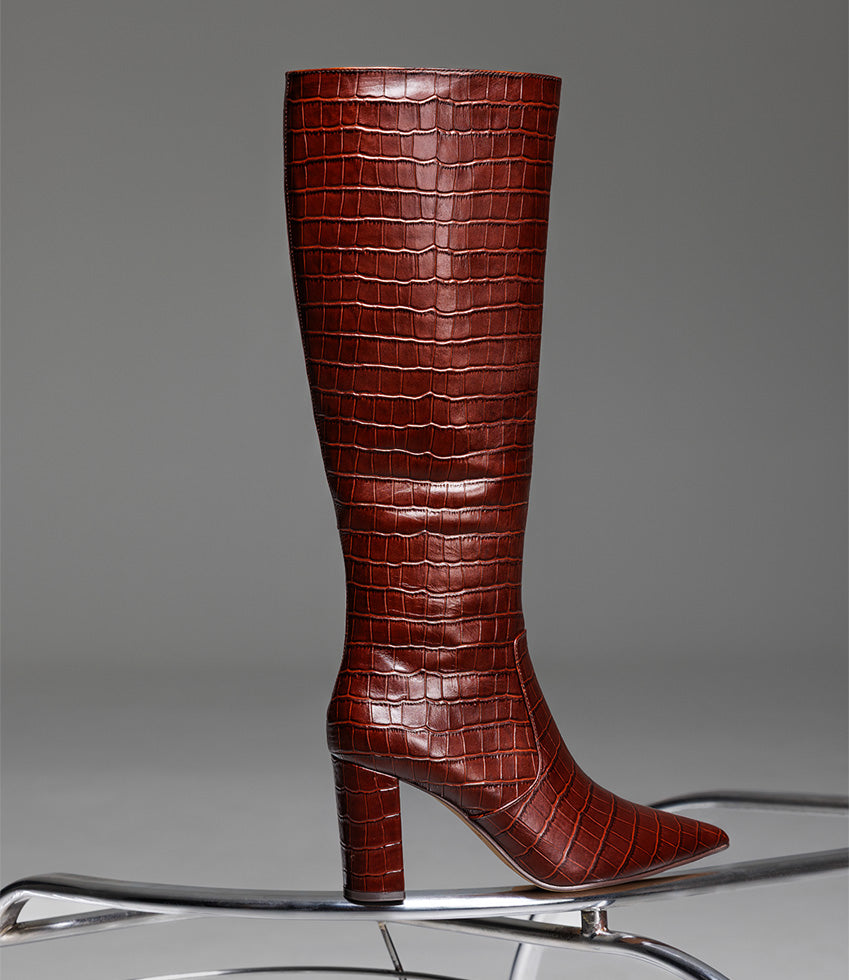 VAIN85 Knee High Boot in Wine Croc Print Calf - Edward Meller