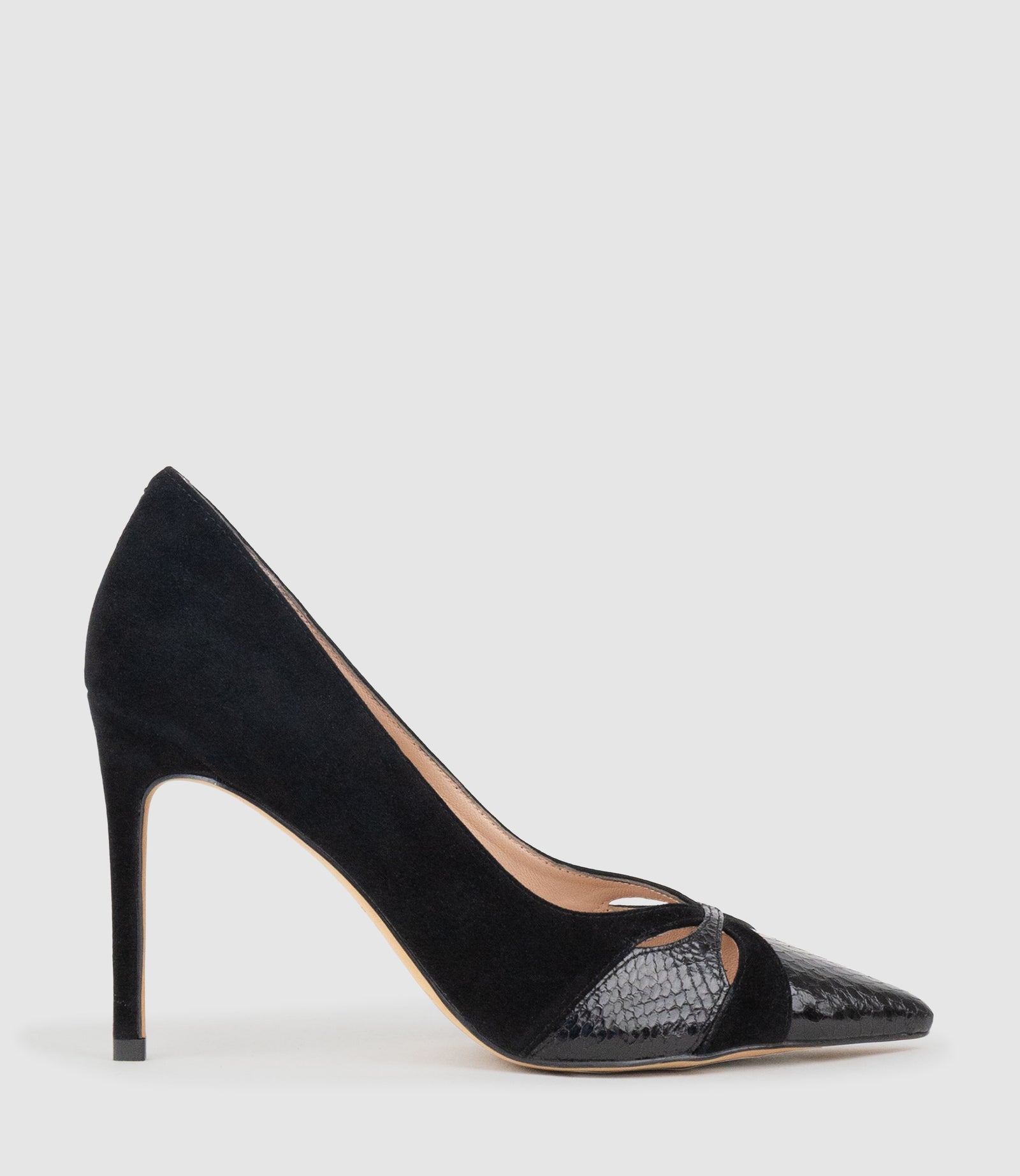 ABIGAIL100 Combination Stiletto Pump in Black Suede - Edward Meller