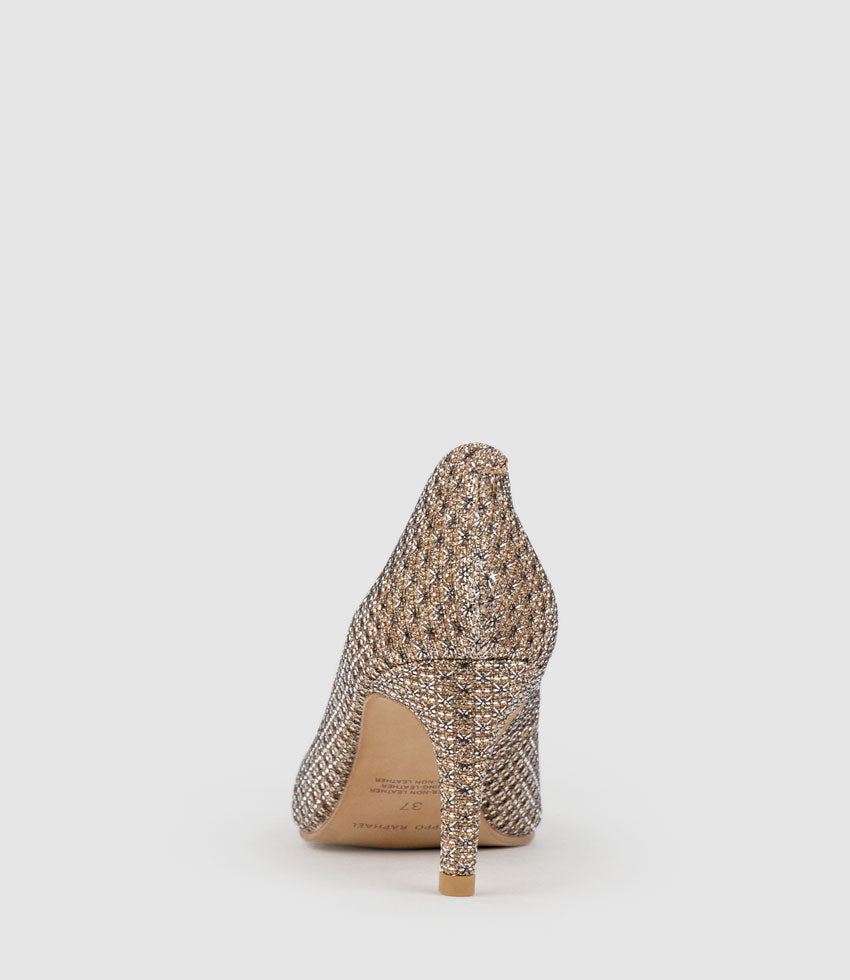 ADRIA 75mm Pointed Toe Pump in Copper Metallic Fabric - Edward Meller